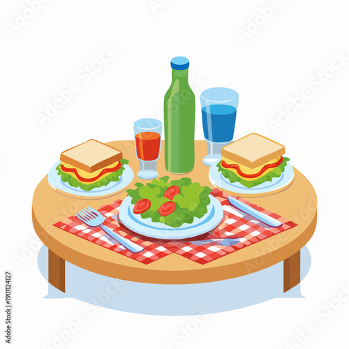Picnic lunch with sandwiches, fresh salad, and drinks on a checkered tablecloth