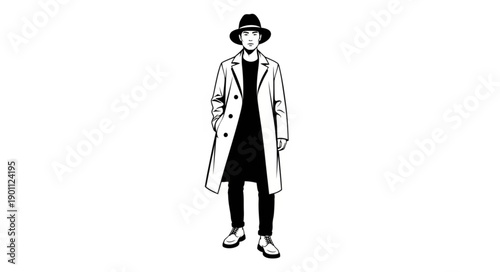 Man in Trench Coat and Fedora Hat Standing Confidently.