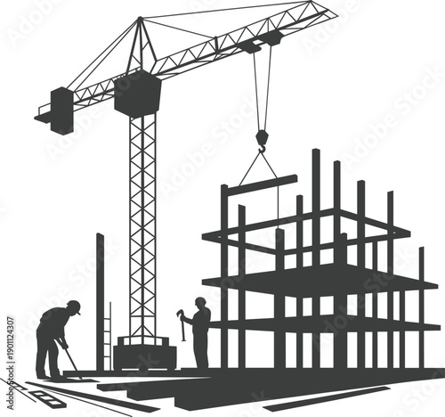 Tower crane and construction workers silhouette building structure framework at construction site isolated on white background vector illustration