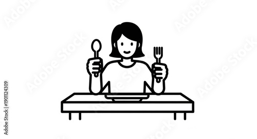 Woman holding fork and spoon ready to eat meal.