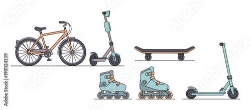 Various personal urban transportation vehicles and equipment are depicted in a colorful flat outline style, showcasing modern active lifestyle and eco-friendly travel options.