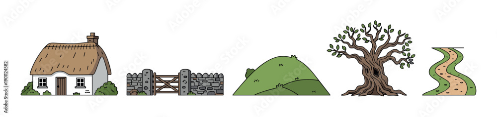 Fototapeta premium Rural countryside elements illustration featuring a charming cottage, stone wall, green hill, ancient tree, and winding path in a simple cartoon style.