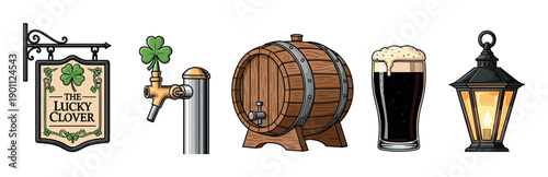 Set of vintage Irish pub icons including a wooden barrel, a pint of stout, a beer tap with a shamrock, a street lantern, and a hanging sign with a lucky clover