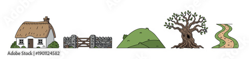 Rural countryside elements illustration featuring a charming cottage, stone wall, green hill, ancient tree, and winding path in a simple cartoon style.