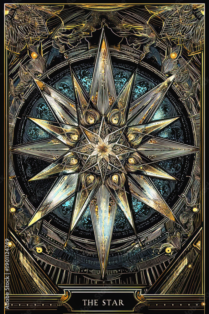 Obraz premium Modern representation of tarot card The Star symbolizing hope, inspiration, calm, renewal, serenity, spirituality, AI generated