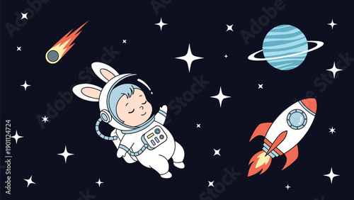 Adorable baby astronaut in a bunny suit floating peacefully in space, surrounded by planets, rockets, stars, and a comet.