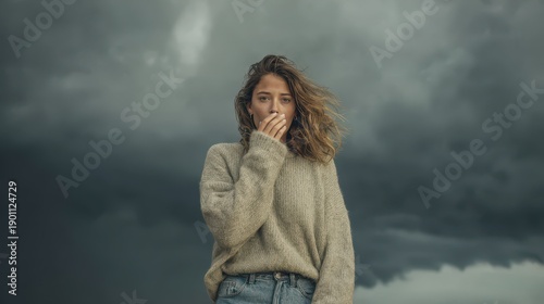 Wallpaper Mural Surprised woman with hand over mouth as dark clouds roll in over an urban landscape Torontodigital.ca