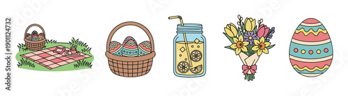 Charming collection of spring and Easter themed elements including decorated eggs, a picnic scene, refreshing lemonade, and a vibrant flower bouquet.