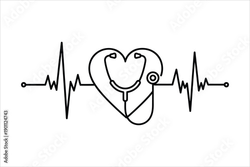 Heart ECG Line With Stethoscope Medical Illustration