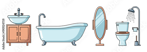 Bathroom fixtures and essential elements are depicted in a vibrant, outlined cartoon style, showcasing various plumbing and hygiene items for home.