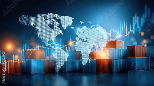 Concept of economic inflation trends. A digital world map overlay with shipping containers, symbolizing global trade and economic growth, highlighted by glowing data graphics.