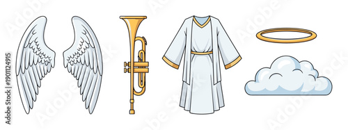 Angelic symbols and heavenly objects are depicted in a charming cartoon style, representing spiritual and religious themes for various design projects.