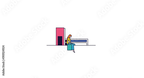 Woman sitting alone on a bench next to a building.