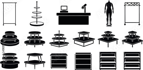Black silhouettes of various display stands and retail fixtures