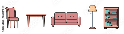 Various furniture items in a flat cartoon style, including a chair, table, sofa, floor lamp, and bookshelf, representing essential home interior elements.