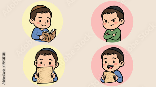Cartoon Jewish Boy Set: Passover Icons, Matzah, Reading Haggadah, Four Sons Concept, Cute Chibi Illustration