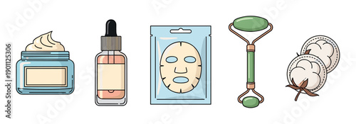 Skincare beauty products and tools for daily routine, including cream, serum, sheet mask, jade roller, and cotton pads, illustrating a complete self-care regimen.