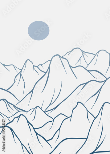 Minimalist Mountain range line art illustration. mountains landscape engraving with sunset. use for print art, poster, cover, banner