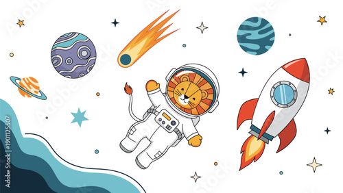 Whimsical cartoon lion astronaut soaring through outer space, surrounded by planets, rockets, and a vibrant comet on a white background.