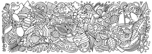 Puerto Rico cartoon doodle vector banner. Funny Puerto-Rican whimsical illustration. Caribbean tropical elements in a vibrant, playful style