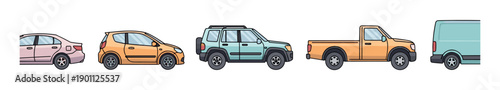 Collection of different illustrated cartoon vehicles including a sedan, hatchback, SUV, pickup truck, and van, all shown in a simple flat design style from a side profile view