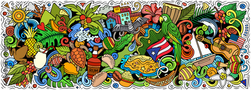 Puerto Rico cartoon doodle vector banner. Funny Puerto-Rican whimsical illustration. Caribbean tropical elements in a vibrant, playful style