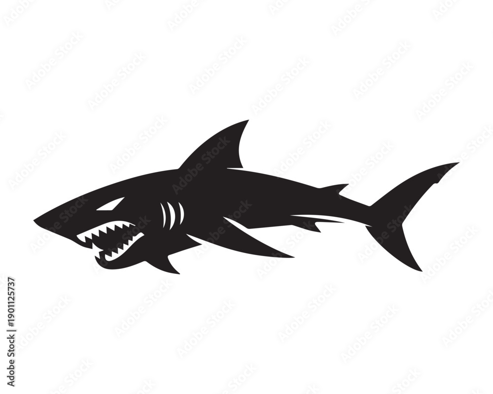 Obraz premium Aggressive Shark Silhouette Illustration in Black and White, Fierce Ocean Predator Icon Design, Dangerous Sea Animal Logo, Minimal Vector Style, Isolated on White Background