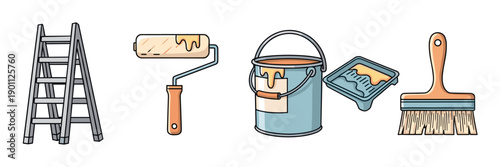 Set of cartoon painting tools including a stepladder, roller, paint can, tray, and brush arranged in a row for a home improvement or DIY renovation project concept