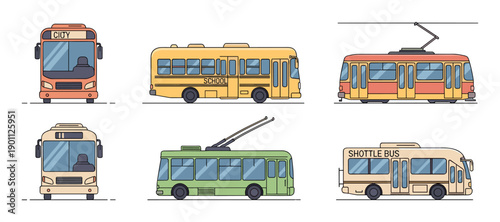 Six different public transportation vehicle illustrations including a city bus, school bus, tram, and trolleybus shown from front and side views in a simple cartoon style