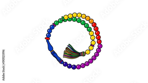 Vibrant rainbow mala beads with tassel on white background for meditation and spirituality