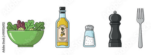 Set of salad ingredients and condiments including a bowl of greens, olive oil, salt, pepper, and a fork in a flat line art illustration style