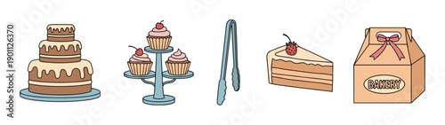 Set of five colorful bakery icons featuring a tiered cake, cupcakes on a stand with cherries, a slice of cake with a strawberry, tongs, and a pastry box