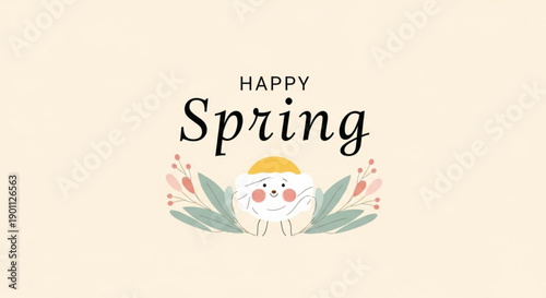 Happy spring greeting card with cute cartoon bunny wearing yellow hat surrounded by flowers and leaves on beige background