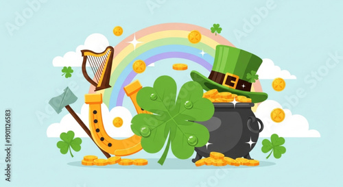 St patrick's day illustration with shamrock pot of gold rainbow leprechaun hat harp and coins on light blue background