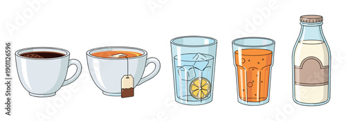 Collection of various illustrated beverage icons including coffee, tea, water with lemon, orange juice, and milk in a bottle, presented in a clean, simple cartoon style