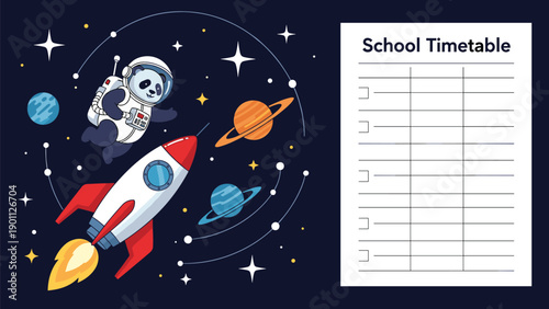 School timetable template featuring a cute panda astronaut, planets, and a rocket orbiting in space on a dark cosmic background.