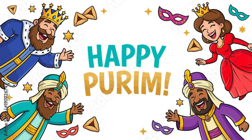 Happy Purim Greeting Card Vector: Cartoon Characters of King Ahasuerus, Queen Esther, and Sages Celebrating the Joyful Jewish Festival with Hamentaschen and Masks.