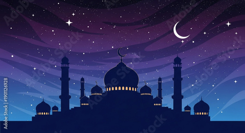 Silhouette of a mosque under a starry night sky with crescent moon ramadan background