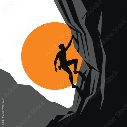 Silhouette of a person rock climbing on a cliff face with an orange sun in the background