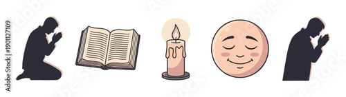 Set of religious and spiritual vector icons showing a praying person silhouette, an open book, a lit candle, and a serene face representing faith, hope, and meditation