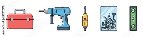 Colorful cartoon set of construction tools including a red toolbox, power drill, screwdriver, box of screws, and a spirit level for DIY home improvement projects