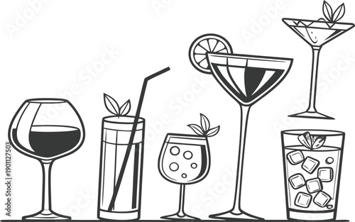 Vector illustration set of different alcoholic drinks and cocktails including wine, beer, and martini glasses with bottle silhouettes for bar and restaurant party design icons
