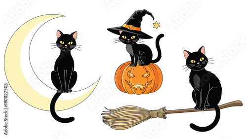 Set of three stylized black cat illustrations for Halloween, depicting them on a moon, on a pumpkin with a witch hat, and riding a broom.