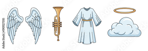 Set of cartoon angel costume elements including wings, a trumpet, a robe, a halo, and a cloud, drawn in a simple clip art style for religious or fantasy themes