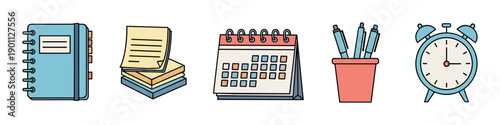 Set of five illustrated office supplies including a notebook, sticky notes, calendar, pens, and an alarm clock in a simple hand-drawn cartoon style for planning and organization
