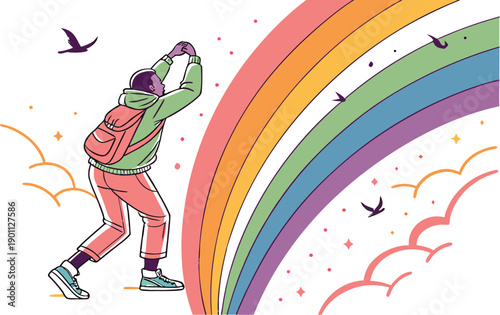 A colorful vector illustration of an abstract rainbow arching over a summer sky with clouds and nature elements to create a vibrant spring wallpaper design