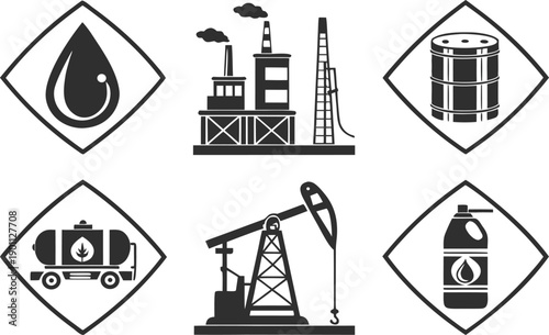 Industrial oil pump jack vector illustration set featuring black silhouette icons of energy drilling rigs and gas power towers for fuel industry design