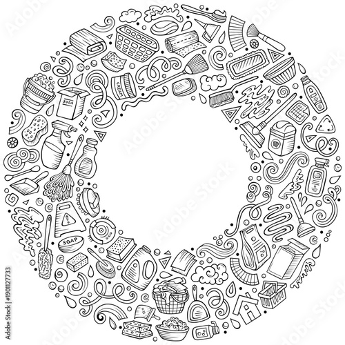 Sketchy vector set of Cleaning cartoon doodle objects, symbols and items. Round frame composition