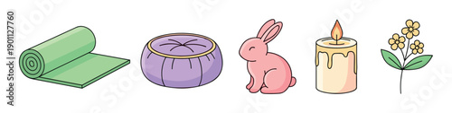Set of cute cartoon wellness icons including a yoga mat, meditation cushion, bunny, candle, and flower for self-care and relaxation concepts in a simple doodle style