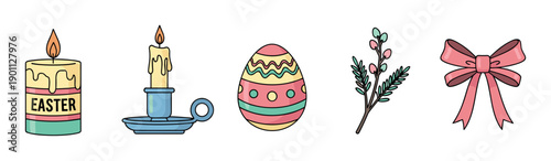 Set of colorful Easter holiday illustrations including a festive candle, decorated egg, pussy willow branch, and pink bow in a simple cartoon doodle style for spring celebration